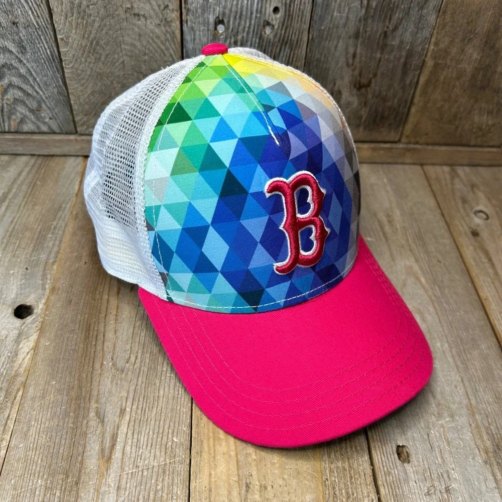 New Era 9FORTY Youth Boston Red Sox Rainbow Prism Trucker Hat Pink‎ MLB Cap
